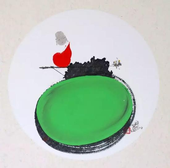 《天趣自然》，纸本水墨，直径33cm，2017年作