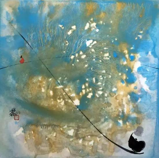 《山色惊湖光》，纸本水墨，50×50cm，2017年作