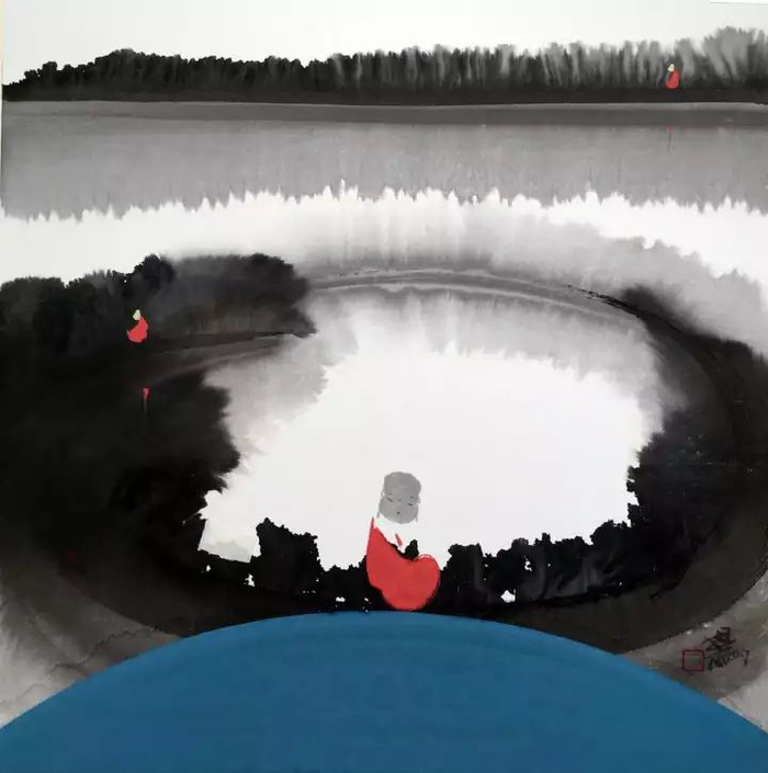《远目凭心境》，纸本水墨，50×50cm，2017年作