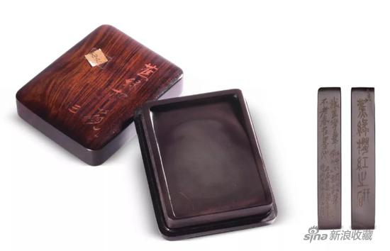 清 吴嘉汉铭、沈石友嘱吴昌硕铭端石蕉绿樱红砚 13.6×10.7×2.2 cm