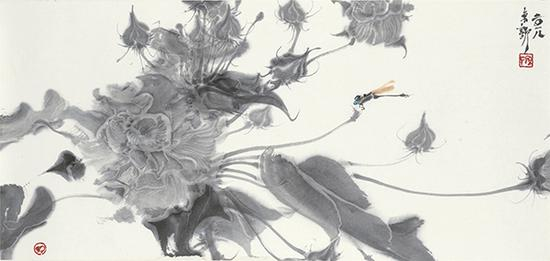 周京新 芙蓉之三 32×68.5cm 纸本设色 2018