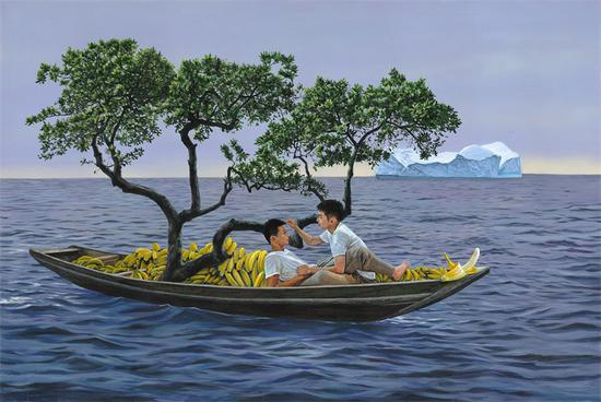 恋爱中的香蕉Banana in Love布面丙烯Acrylic on Canvas 125x200cm 2018