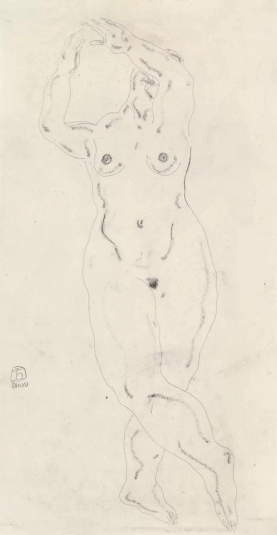 Lot.623 常玉《 翘脚裸女》 纸本炭笔铅笔 51.2×26.7 cm。