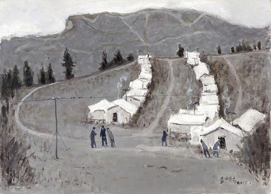 乌拉山顶地质队的营地，100X140，2015年