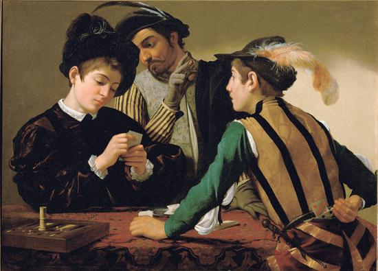 　　现存37件17世纪的复制品的《老千》 卡拉瓦乔，约1594—1595布面油画 94.2厘米×130.9厘米 肯贝尔艺术博物馆，美国德克萨斯州沃斯堡