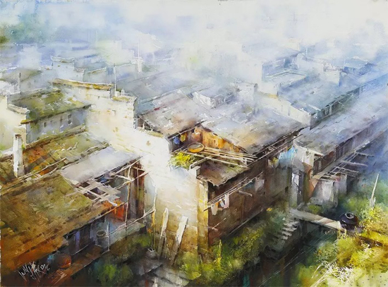 池振明（b.1960） 晨雾下的小村 　　56 x 67cm