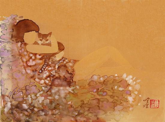 可爱女孩私房猫（之一） 杨缨 绢本设色 30X40cm 2009