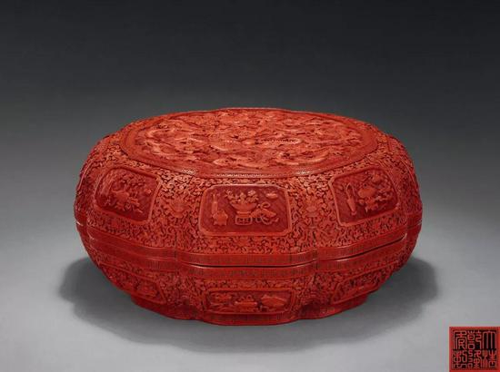 　清乾隆 　剔红五龙图葵瓣式盒 　D：35.5 cm 　成交价：RMB 1，380，000