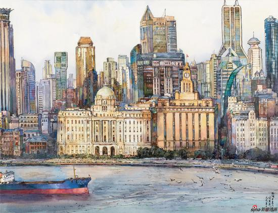张安朴 外滩早晨六点钟 60×80cm 水彩画