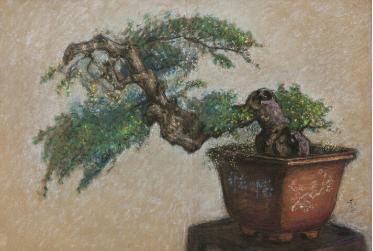 丁衍庸 钟馗纹瓶子板面油画 45×29.5cm