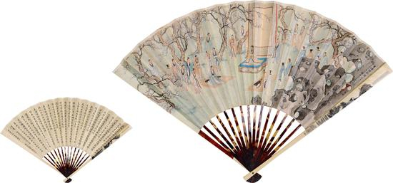 陈少梅 1909-1954  杏坛弦歌 简恩焕 &nbsp;楷书正气歌 成扇 设色纸本 1938年作