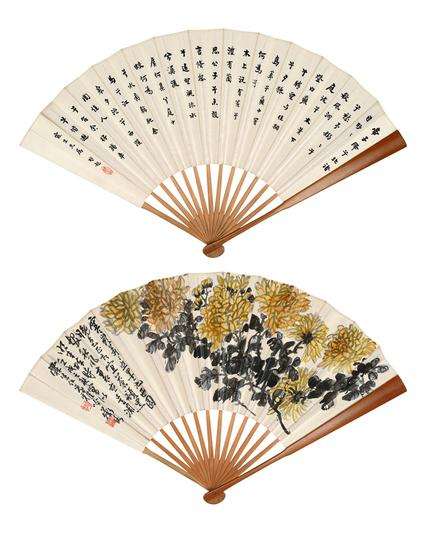 梁启超 1873-1929  节录《九歌·湘夫人》 陈师曾 1876-1923  西园晚色 成扇 设色纸本 1922年作