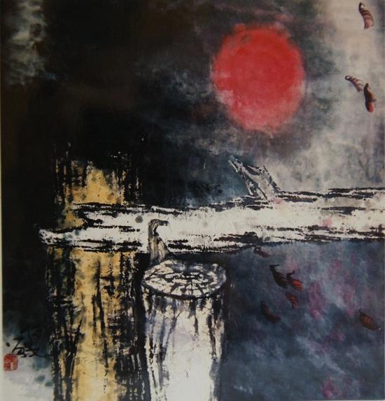 9.《残阳》1989 宣纸 墨 国画色 私人藏
