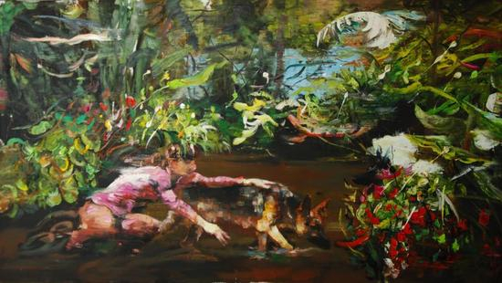 张文荣油画作品《女人和狗》