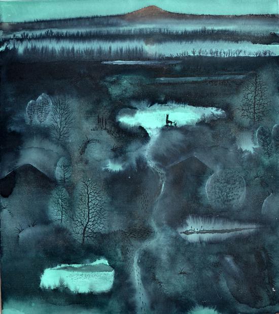 姚远，《银里村写生》系列，纸板彩墨，50x44cm，2016