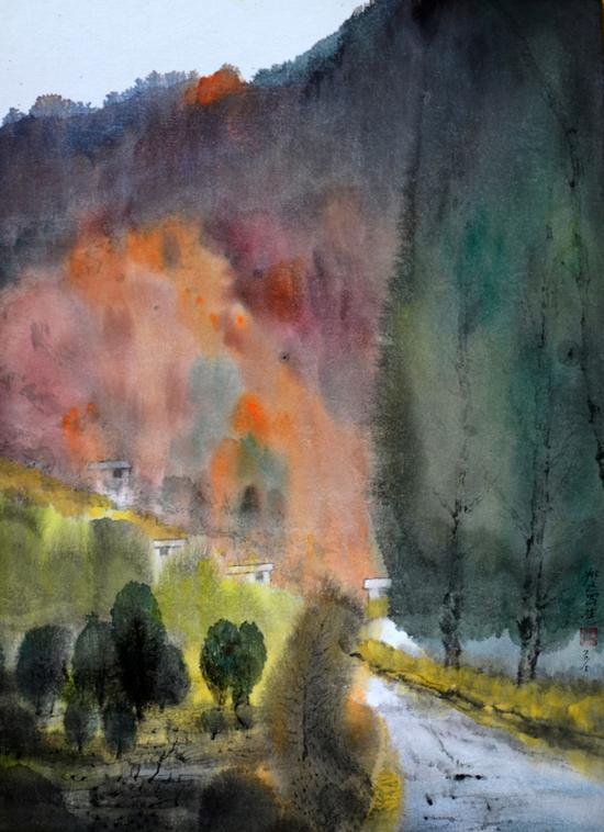 姚远，《燕山秋浓》，纸板彩墨，55x40cm，2015