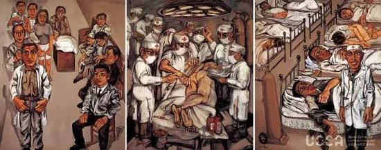 ▲曾梵志，《协和三联画之一》，1991，布面油画，180 x 460 cm ©曾梵志工作室