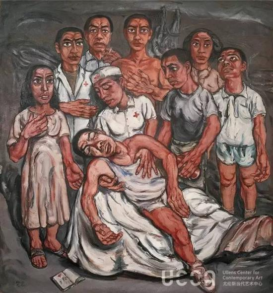 ▲曾梵志，《协和三联画之二》（局部），1992，布面油画，180 x 460 cm ©曾梵志工作室