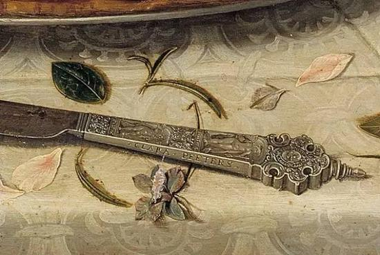 Clara Peeters - Table with Orange， Olives and Pie， with the signed knife1