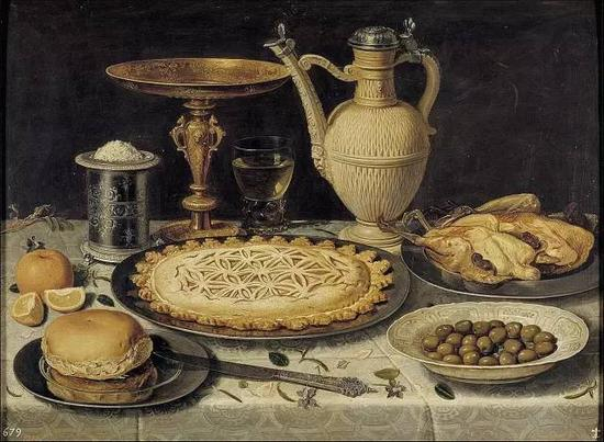 Clara Peeters - Table with Orange， Olives and Pie， with the signed knife