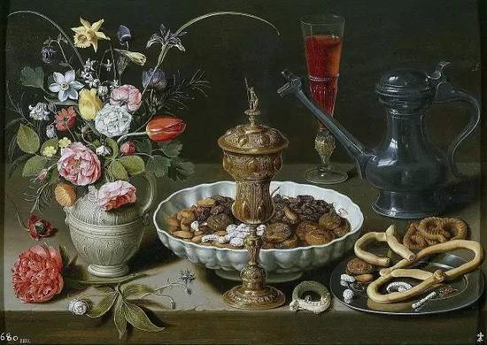 　　 Clara Peeters - Still Life with Nuts， Candy and Flowers， with the artist reflected several times in the metal pieces