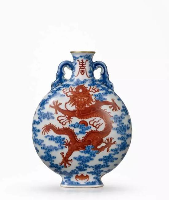 中国・清時代大清乾隆年製款罕見天青釉釉裡紅雙龍耳抱月磁瓶磁器缶唐磁