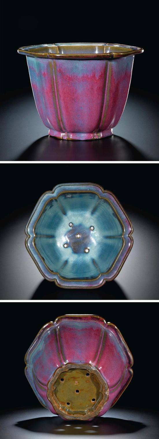 [宋]钧窑天蓝玫瑰紫釉棱口花盆