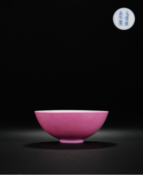 清雍正 外胭脂红釉内洋彩果纹茶碗 D：9.3cm