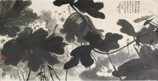 张大千 水玉乾坤 镜框 设色纸本 95×185cm