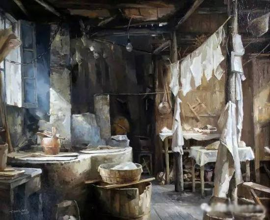 艺术家熊天祥油画作品《豆腐坊》