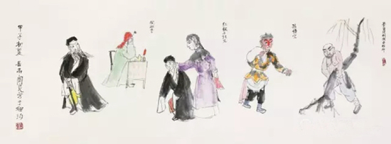 Lot.233 &nbsp;关良 &nbsp;戏曲人物 横批 设色纸本 45×123 cm。 （约5平尺） 成交价-RMB&nbsp;2，530，000 