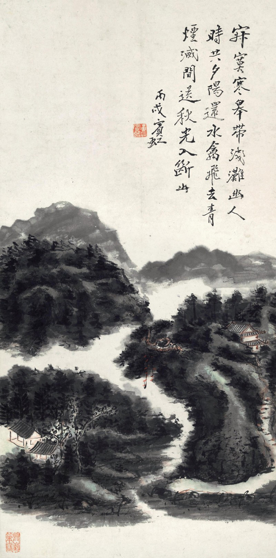 *Lot64 黄宾虹（1865-1955）&nbsp;&nbsp; 青烟夕阳 立轴 设色纸本 1946年作 68×33.5cm。 约2.1平尺 