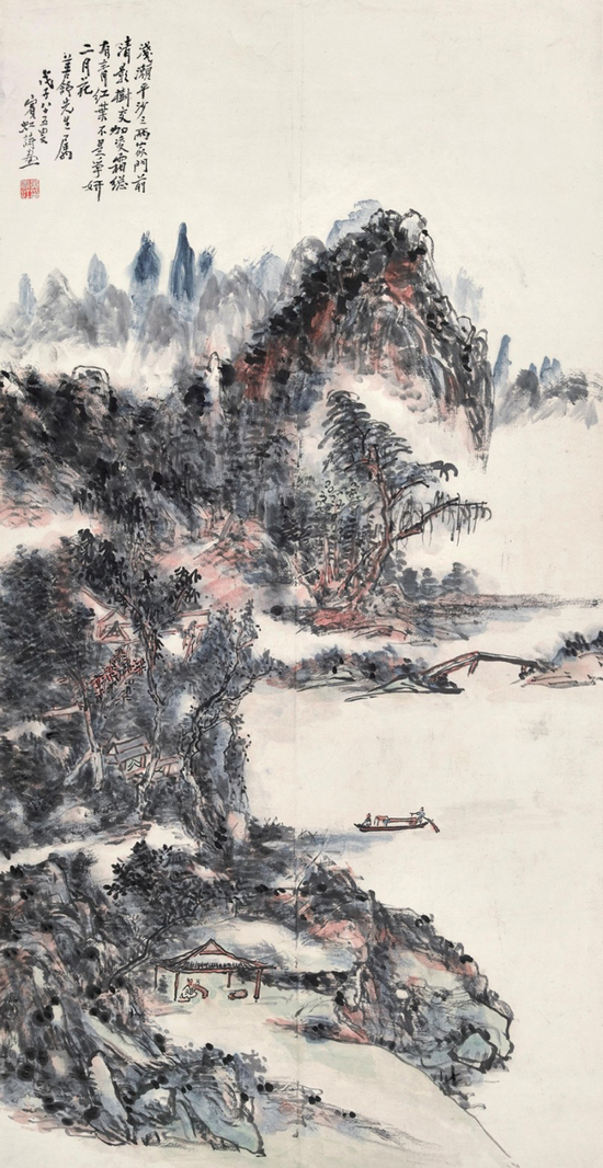 Lot61 黄宾虹（1865-1955）舟泛秋江赏红霜 立轴 设色纸本 1948年作 129×66cm。 约7.7平尺 
