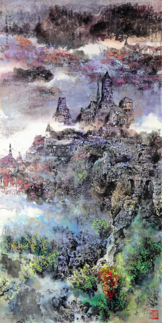  《山城幽谷》68×138cm