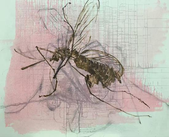 “两只死蚊子”160x200cm，2016，布面油画，杨晓伟