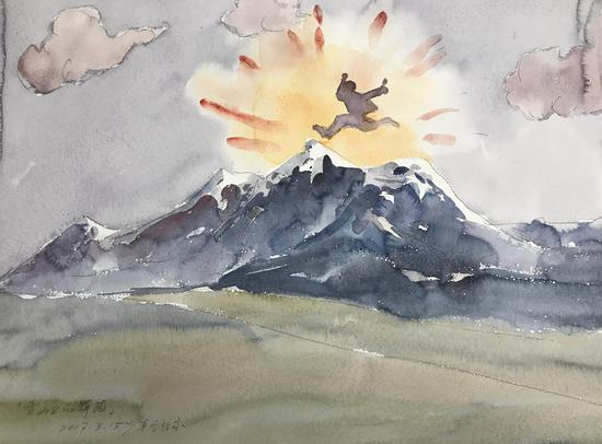 王少军 雪山上的舞蹈 Dancing on the snowcapped mountains， 56x75cm， 2017年，水彩
