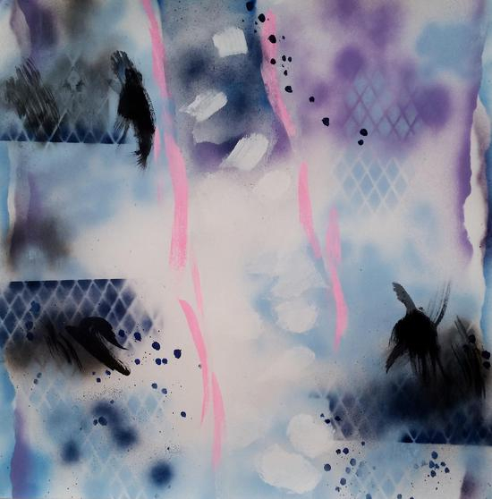 　　Claudia Schmidt 爸爸唱低音，妈妈唱高音Daddy Sings Bass， Mommy Sings Treble 75 x 75 cm 纸上丙烯和喷漆 2017