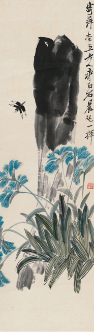 　　2017西泠春拍 齐白石（1863～1957） 花石蜻蜓图 设色纸本 立轴 117.5×33.5cm 款识：寄萍堂上老人齐白石晨起一挥。 钤印：白石翁（朱） 说明：梅兰芳旧藏。存原装裱。 