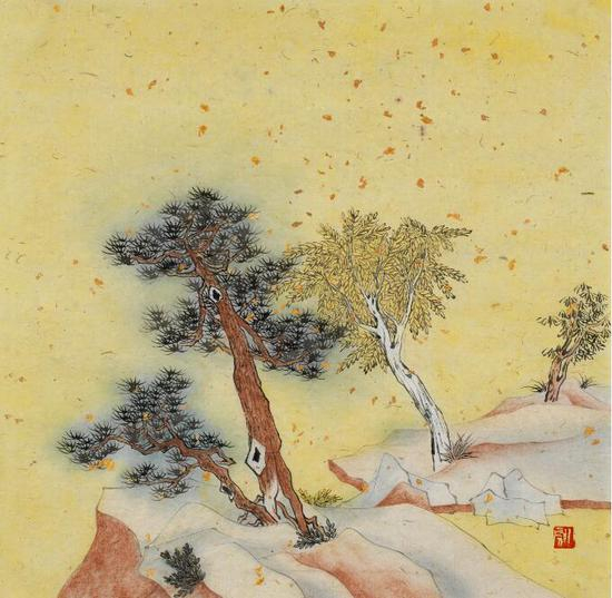 马小虎 《秋色无尽》33x33cm，纸本重彩，2015