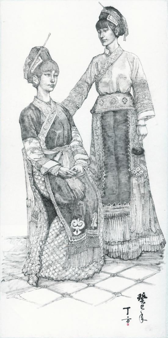 贵州少女 家族妇女 2013年 纸本 墨 250cm×120cm （2）