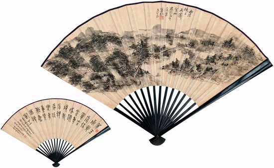 　　2017西泠春拍 归杭——黄宾虹金石书画艺术作品专场 黄宾虹（1865～1955） 西泠桥上图-篆书自作诗 设色纸本 成扇 1950年作 