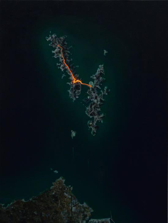行走 No23 （孤岛）， 光纤灯带、油画和综合材料于帆布，120 x 160cm ，2015
