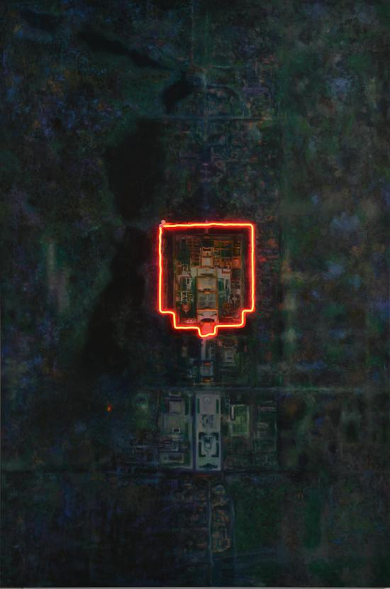 行走 No10- 紫禁城， 霓虹灯、油画和综合材料于帆布，200x300cm ，2015