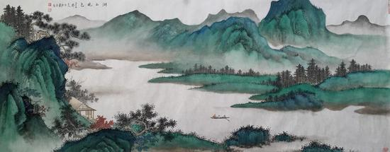 周传玉《湖山晓色》 尺寸53×130cm