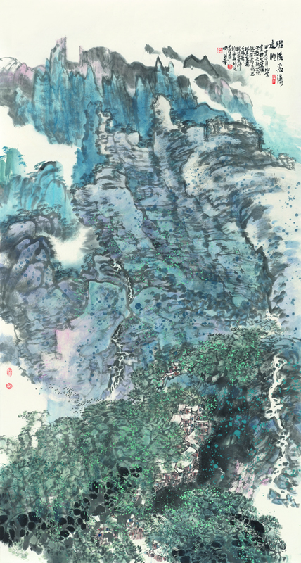 踏溪飞瀑远眺　 98X183cm