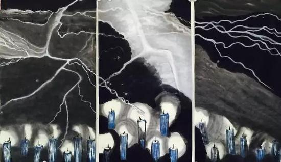 雷电烛光，三联，纸本水墨设色，99x55cmx3，2017年夏