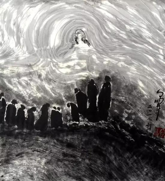 有大海的地方，纸本水墨，50x28cm，2017年