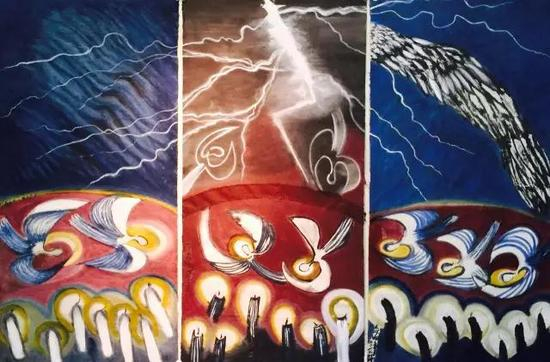 雷霆的话语，140x70cmx3，纸本水墨设色，2017年8月