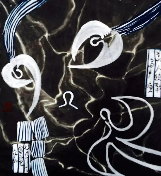 带蓝色条纹的挽歌，纸本水墨，50x28cm，2017年