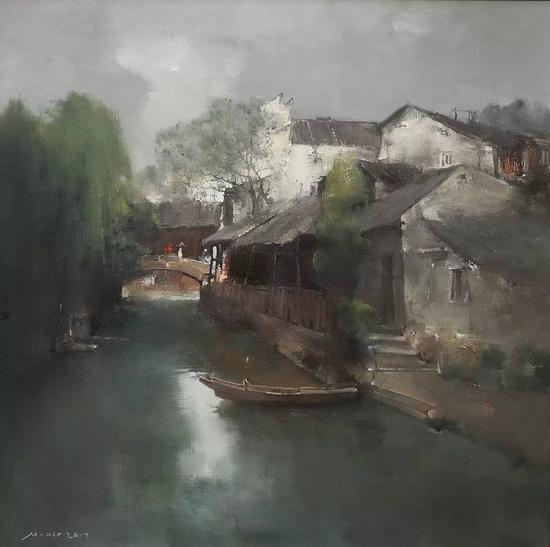 徐明 桥上走过的人 80x80cm 布面油画 2017年